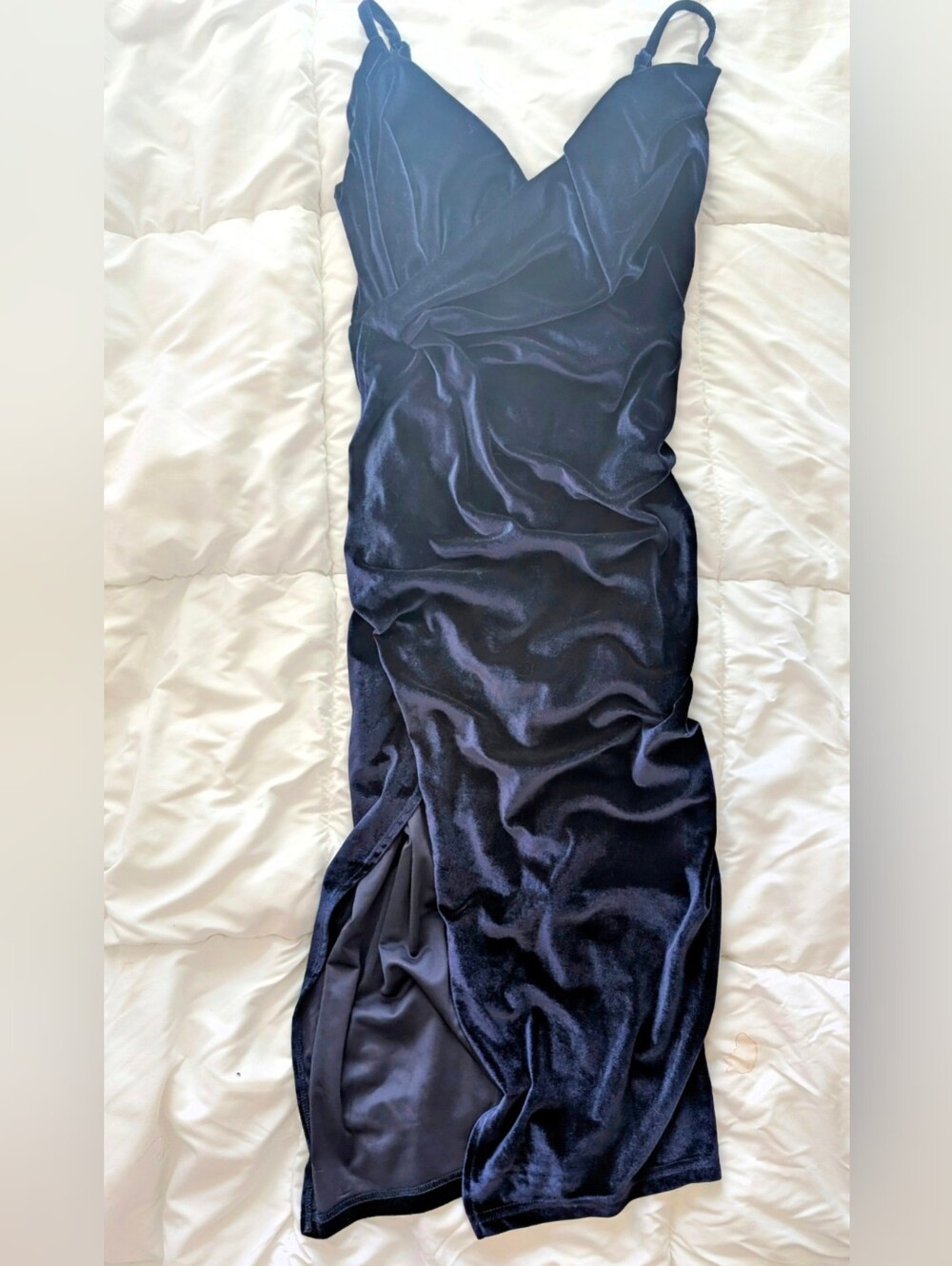 Women's Navy Blue Velvet Slip Dress with Thigh Slit